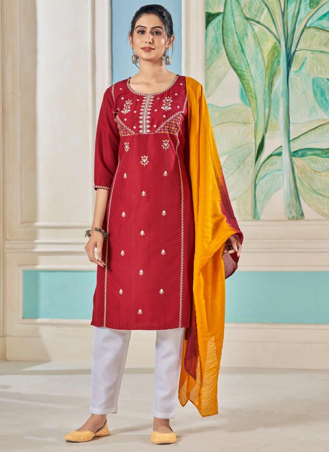 Pure Viscose Maroon Festival Wear Embroidery Work Readymade Kurti Set